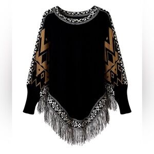 Miami women’s Black white Brown fringe Poncho Sweater southwestern aztec s #6